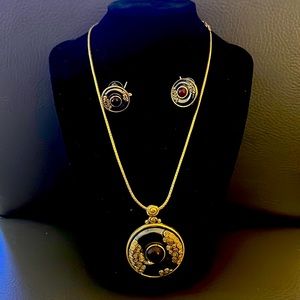 Chico’s necklace and earrings, gold, red